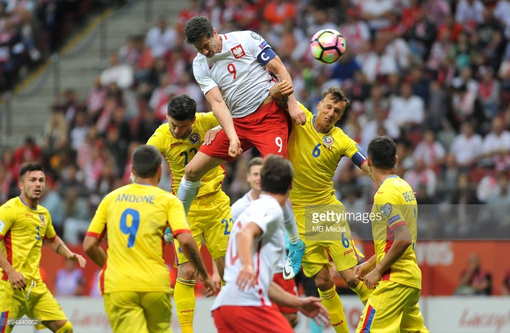 Robert Lewandowski scores a goal during World Cup 2018 qualifier between Poland and Romania on June 10, 2017 in Warsaw, Poland. (Credit Rafal Rusek/PressFocus)